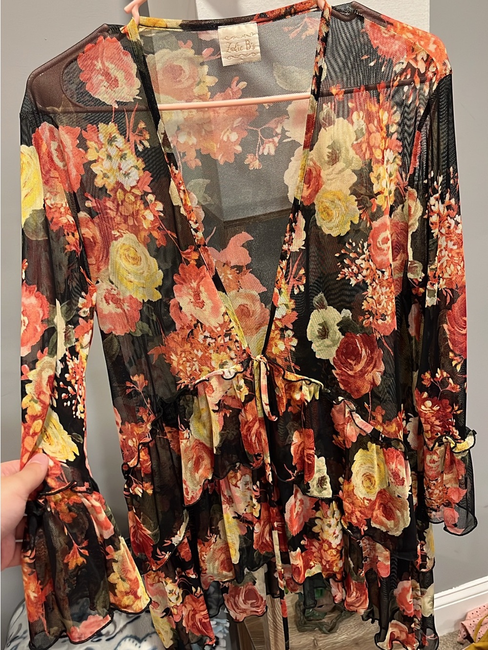 Floral Mesh Tie-Front Women’s Top - Black with Red & Yellow Roses